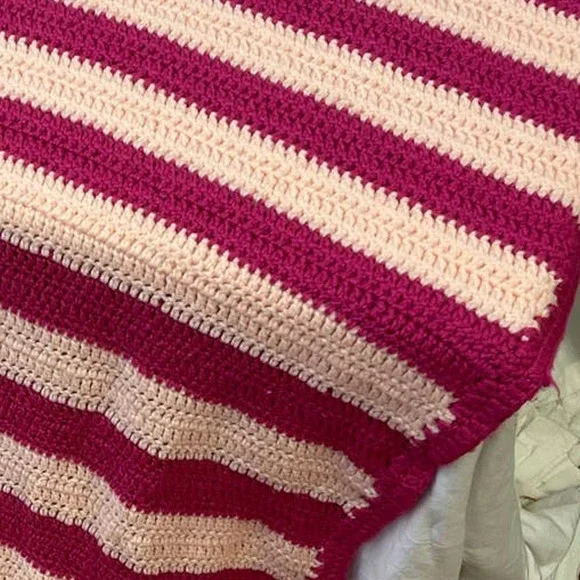 Handmade Vintage Crocheted Hot Pink Stripe Blanket Acrylic Afghan Throw